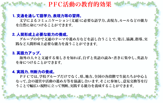 PFC活動の教育的効果　1.文通を通して語学力、表現力等の習得。2.人間形成上必要な能力の養成。3.英語力アップ。4.実践力、判断力の養成